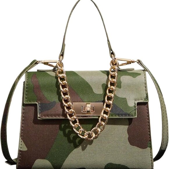 Women's Polyester Camo Flap Square Bag with Chain Strap Top Handle Crossbody - Picture 1 of 7
